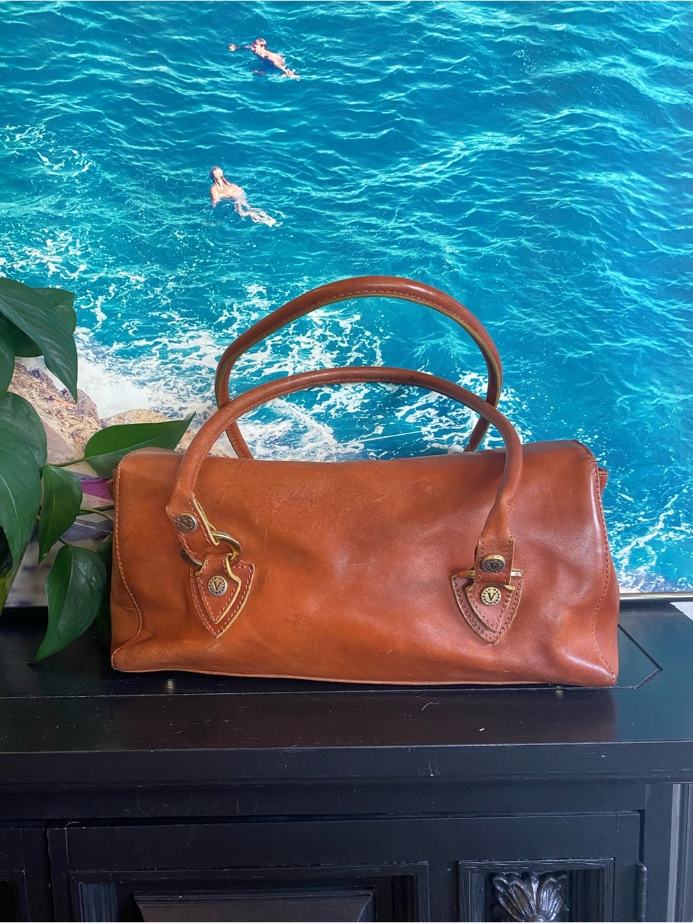 Valentina cognac Leather Shoulder Satchel with Gold-Tone Hardware - Picture 2 of 9